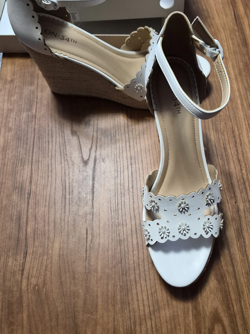 WHITE Floral Scalloped Ankle-Strap Wedge Sandals